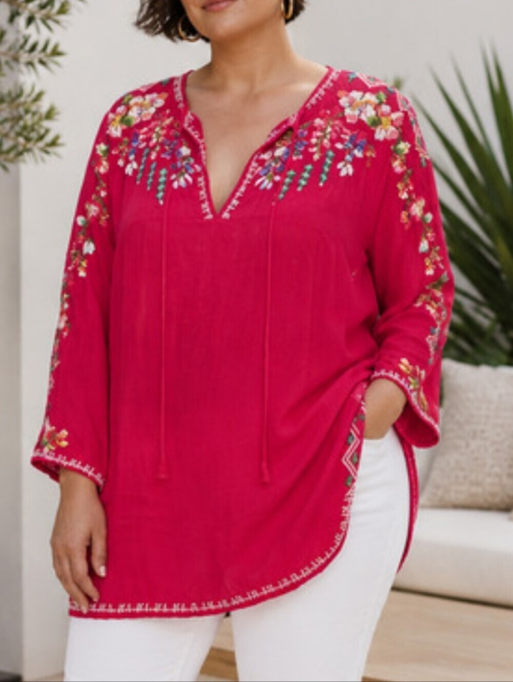 Johnny Was Vanessa Boho Embroidered Tunic Top Red XL